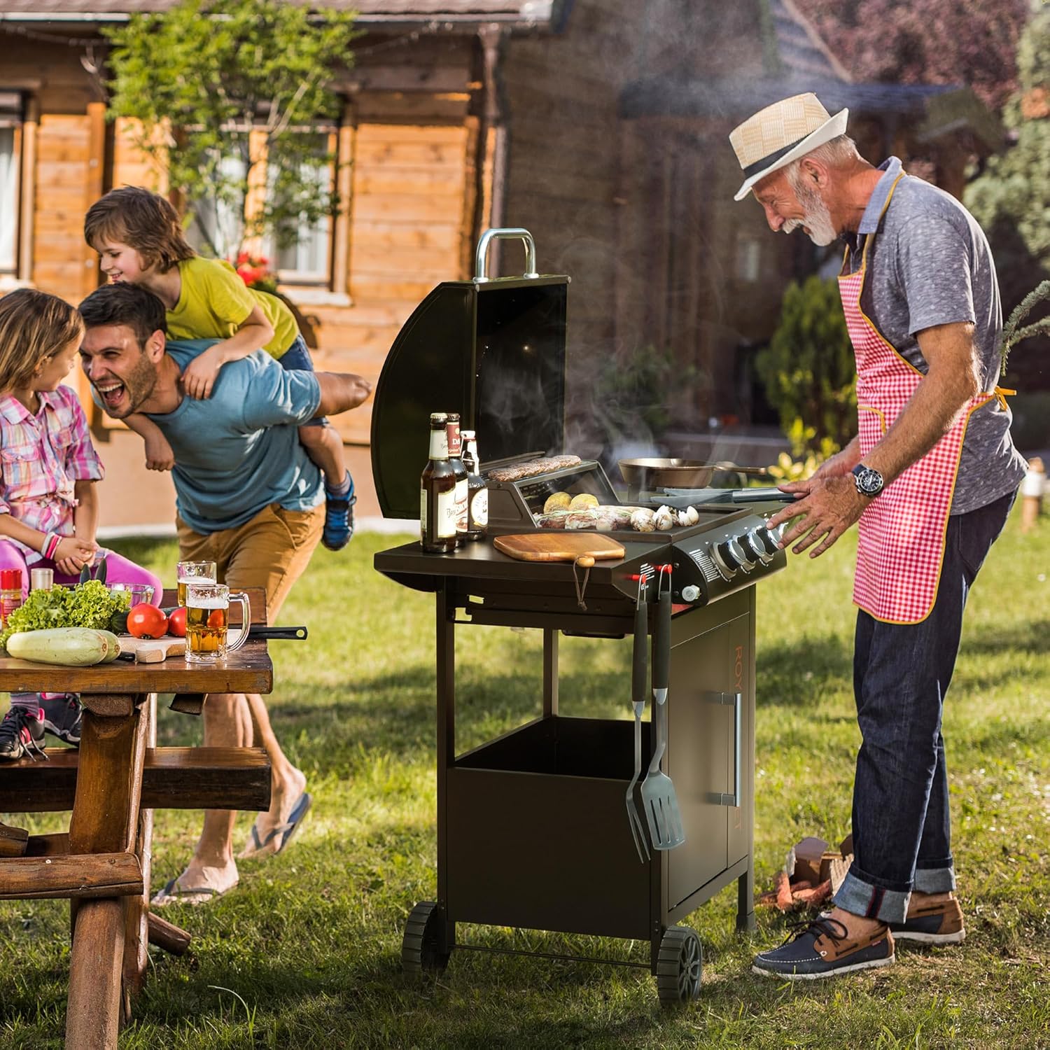 jardinito - barbecue gaz 3+1 brûleurs inox - 11,5 kW - chariot, 2 roues, thermomètre