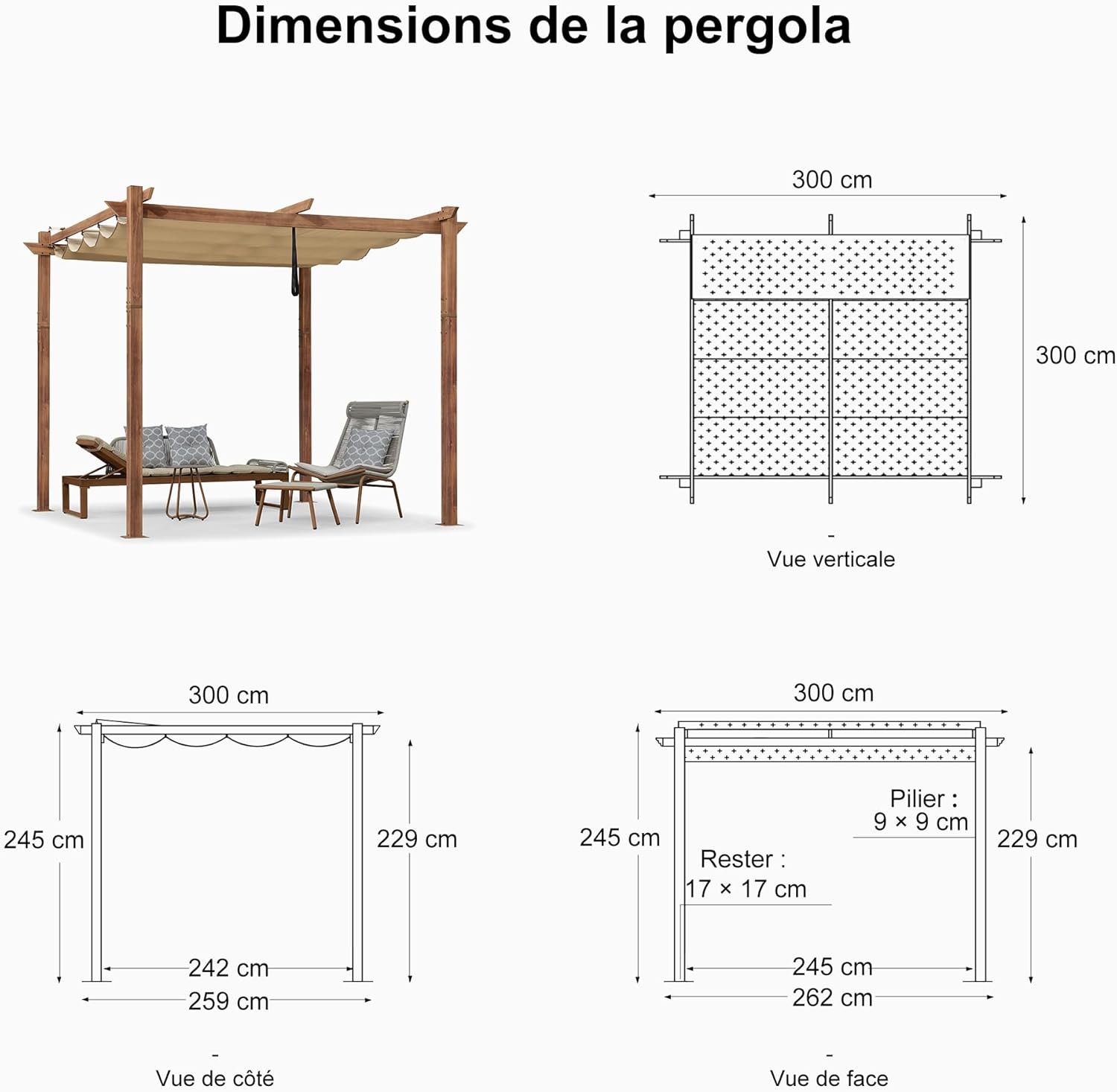 jardinito - pergola aluminium - 3x3m - teck, toile rétractable, kaki