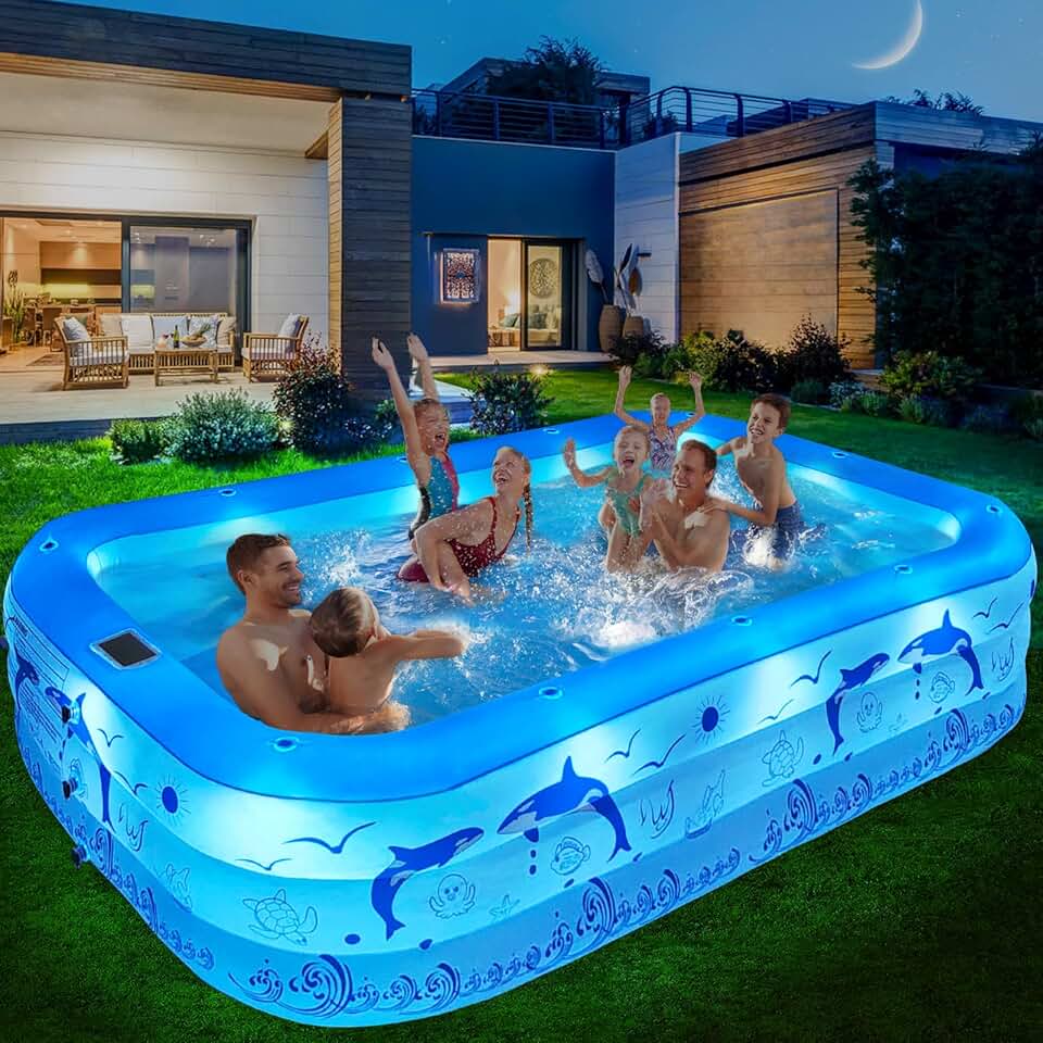 jardinito Piscine Gonflable Adulte avec Lumières, Solaire Familiale Piscines Gonflables Rectangulaire avec 12 Mode D'éclairage,240x150x55CM Grande Piscine Gonflable Enfant, Pataugeoire Bebe pour Jardin