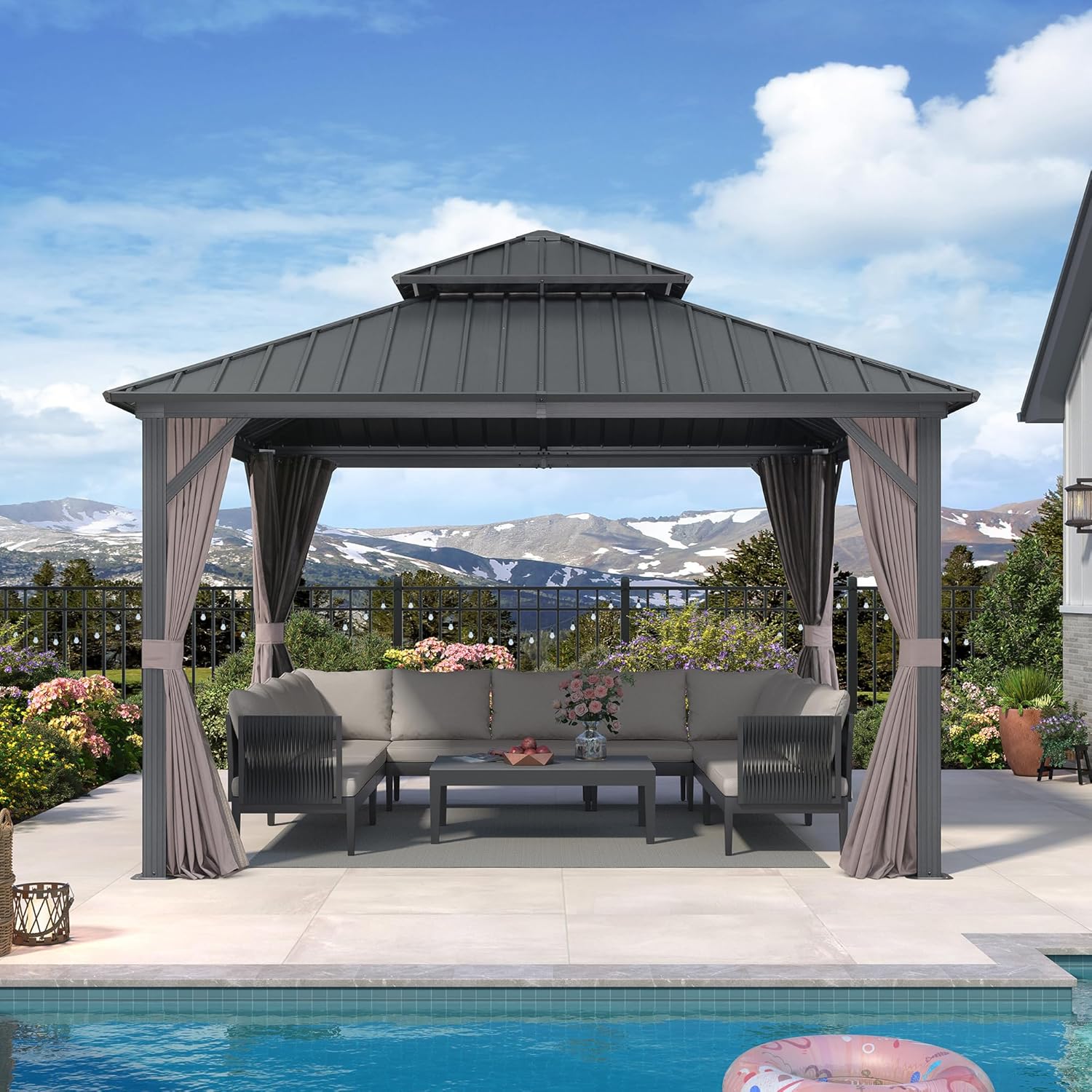 jardinito - Pavillon jardin double toit alu 3,65x3,65m, rideaux, moustiquaire