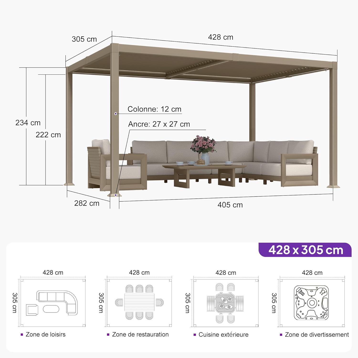jardinito - pergola bioclimatique LED - 3x4,25m - aluminium, lames orientables, anti-UV, sans entretien
