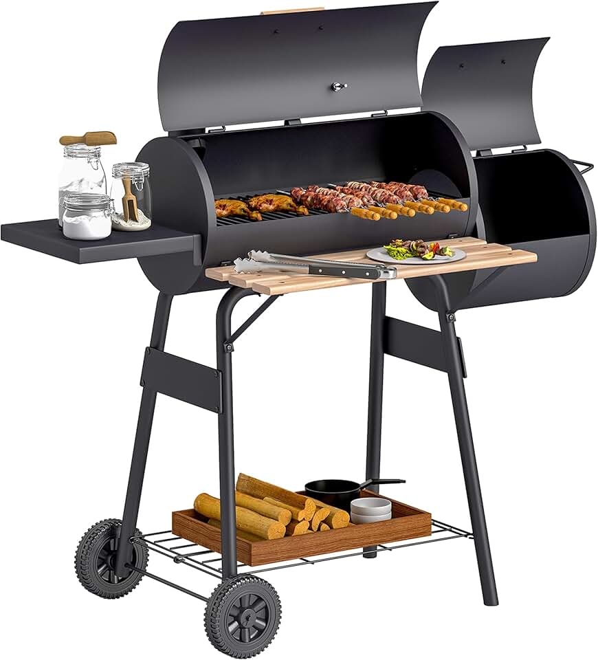 jardinito - barbecue fumoir sur pied - acier noir - roulettes, étagères, thermomètre