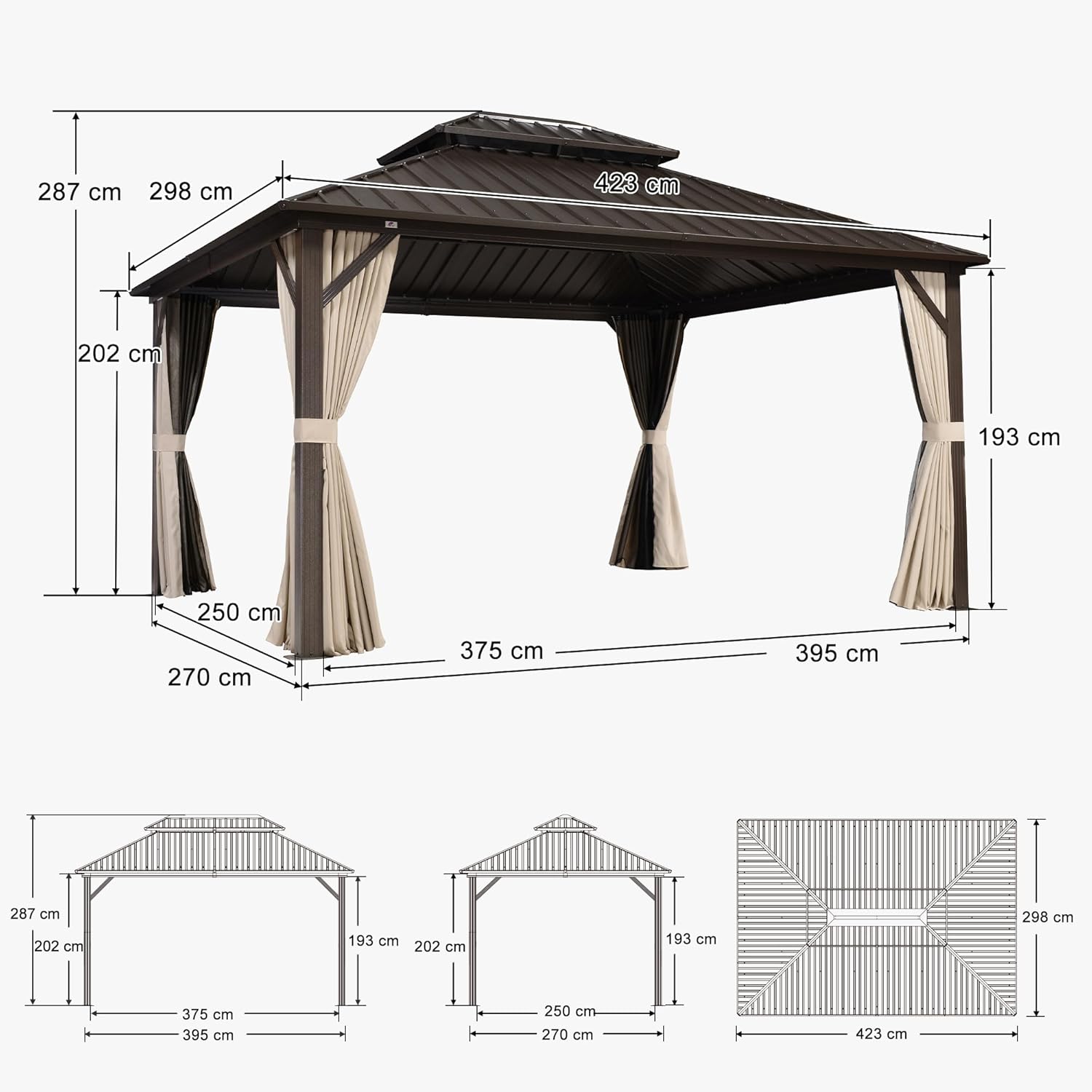 jardinito - Pergola toit rigide - 4,25x3m - acier, aluminium, guirlande