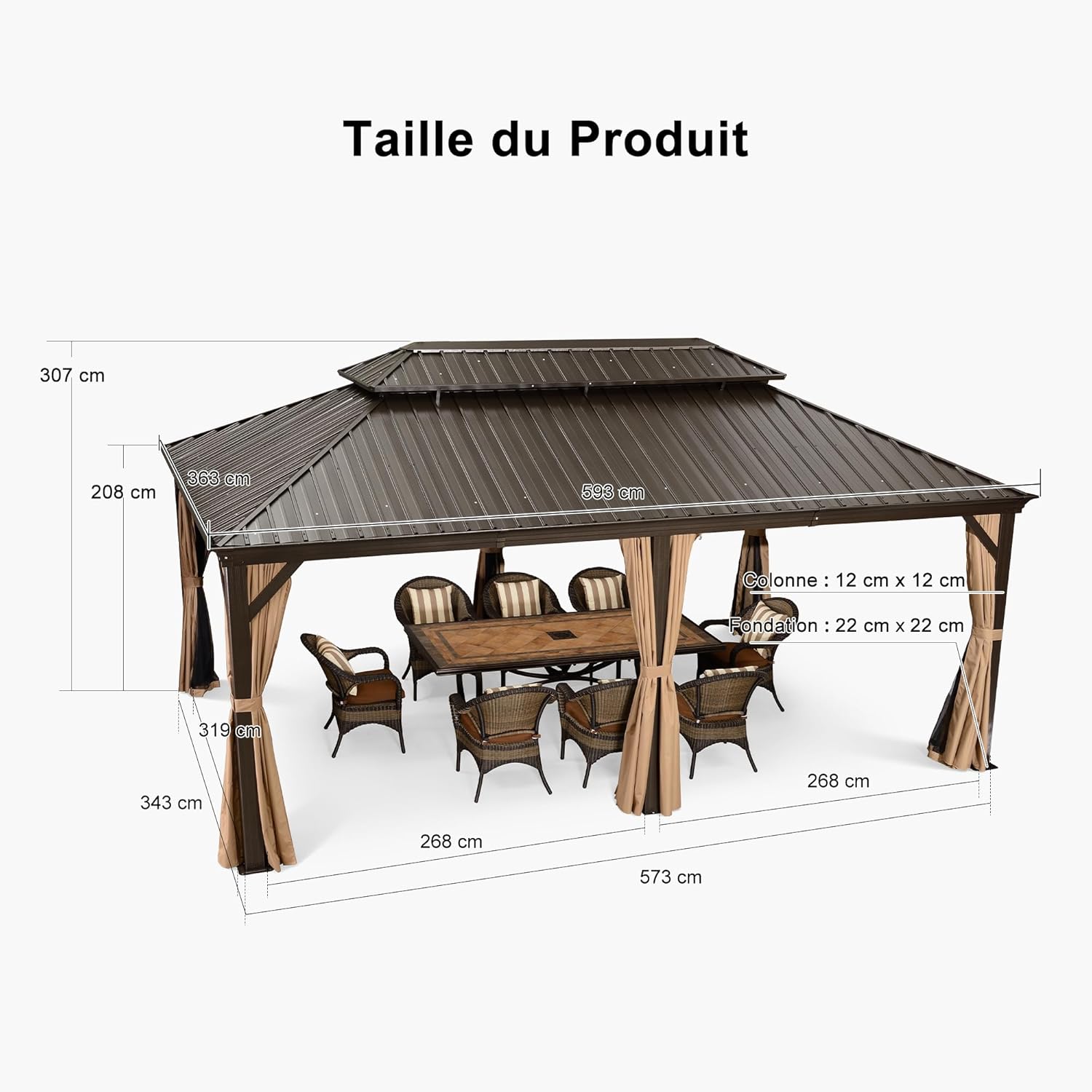 jardinito - tonnelle jardin extérieur - 6x3,65m - alu, éclairage, rideaux, gouttière, poteaux renforcés, bronze