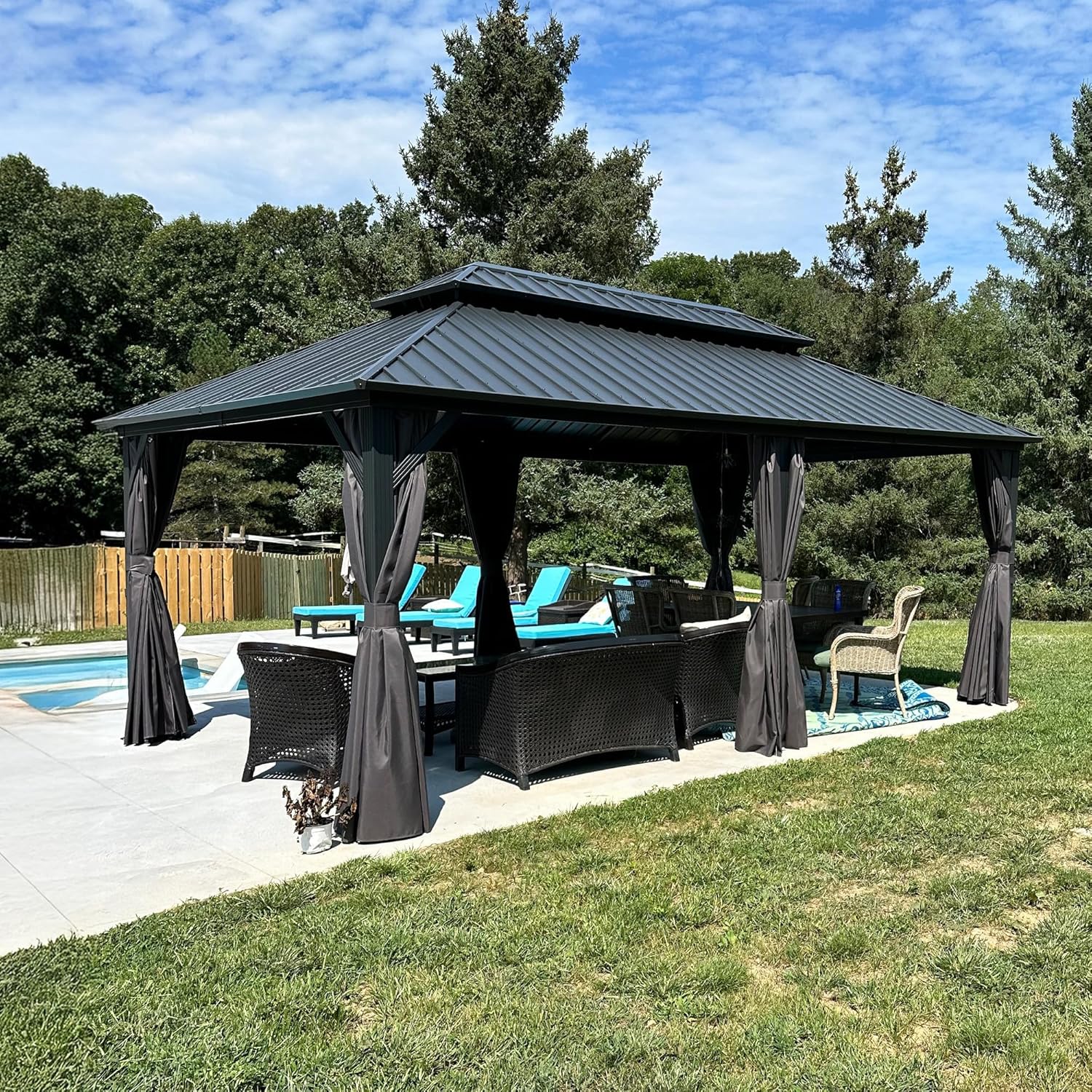 jardinito - Tonnelle double toit rigide, 6 x 3,65 m, moustiquaire, aluminium, gris