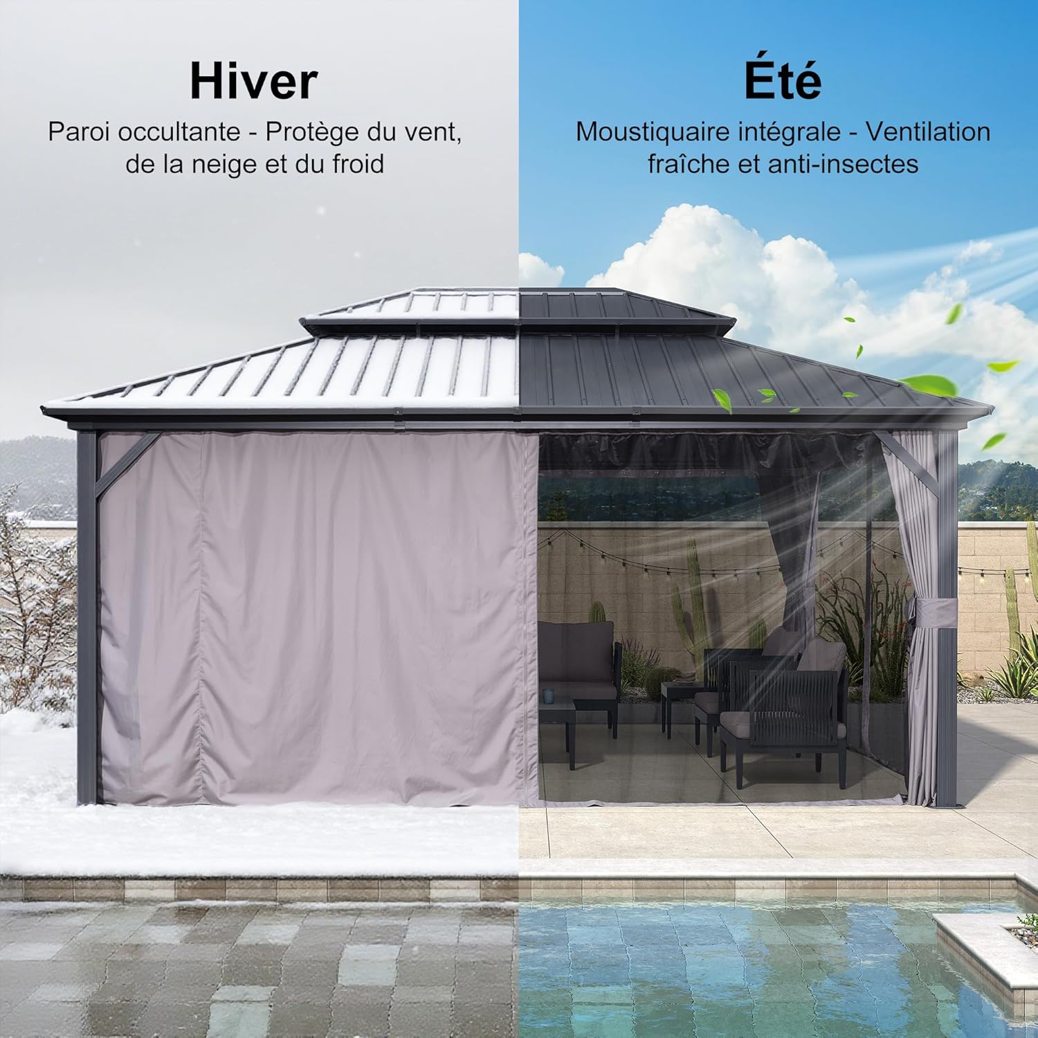 jardinito - pergola série double toit - 4,85x3,65 m - alu acier, rideaux, moustiquaire