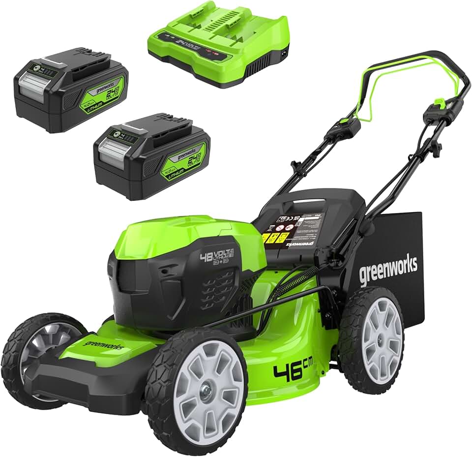 jardinito 48V (24V x 2) Tondeuse à Gazon Sans Fil Autopropulsée Pelouses Jusqu'à 480m², Largeur de Coupe 46cm, Sac 55L, INCLUS 2 X 24V 4Ah et Chargeur Double, Garantie 3 Ans , GD24X2LM46SPK4X
