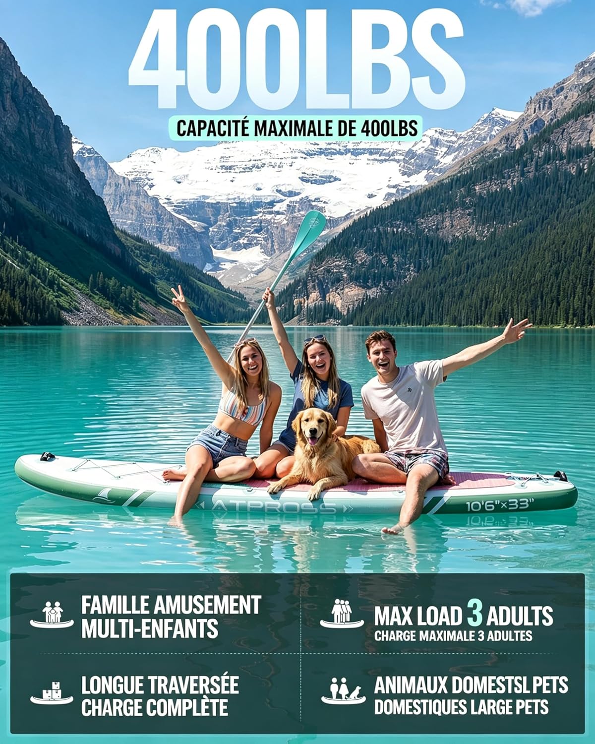 Stand Up Paddle gonflable adulte 320x84cm, 2 places, 200kg, siège kayak