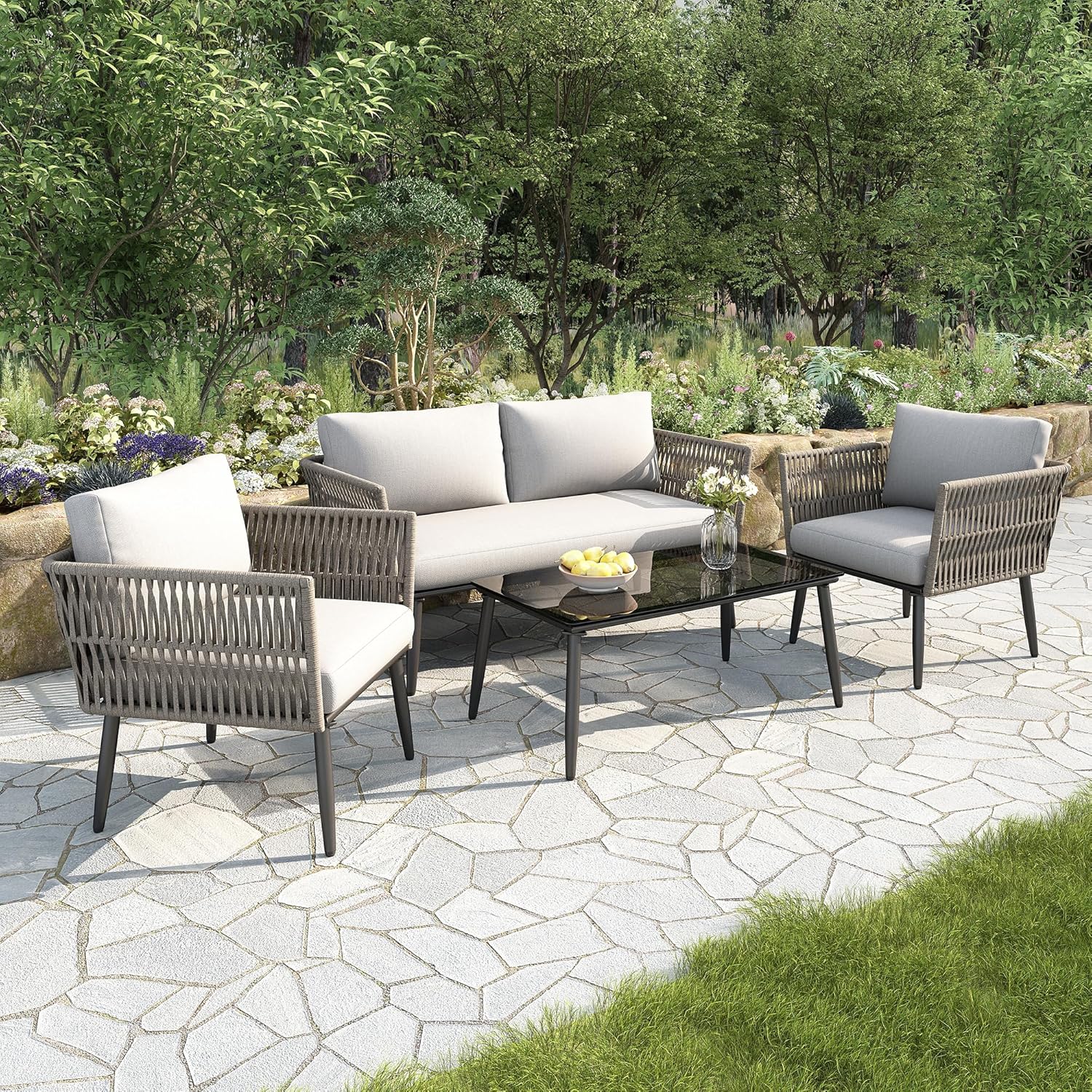 Ensemble de Meubles de jardin 4 places, canapé, fauteuils, table basse, acier, verre, PE tressé