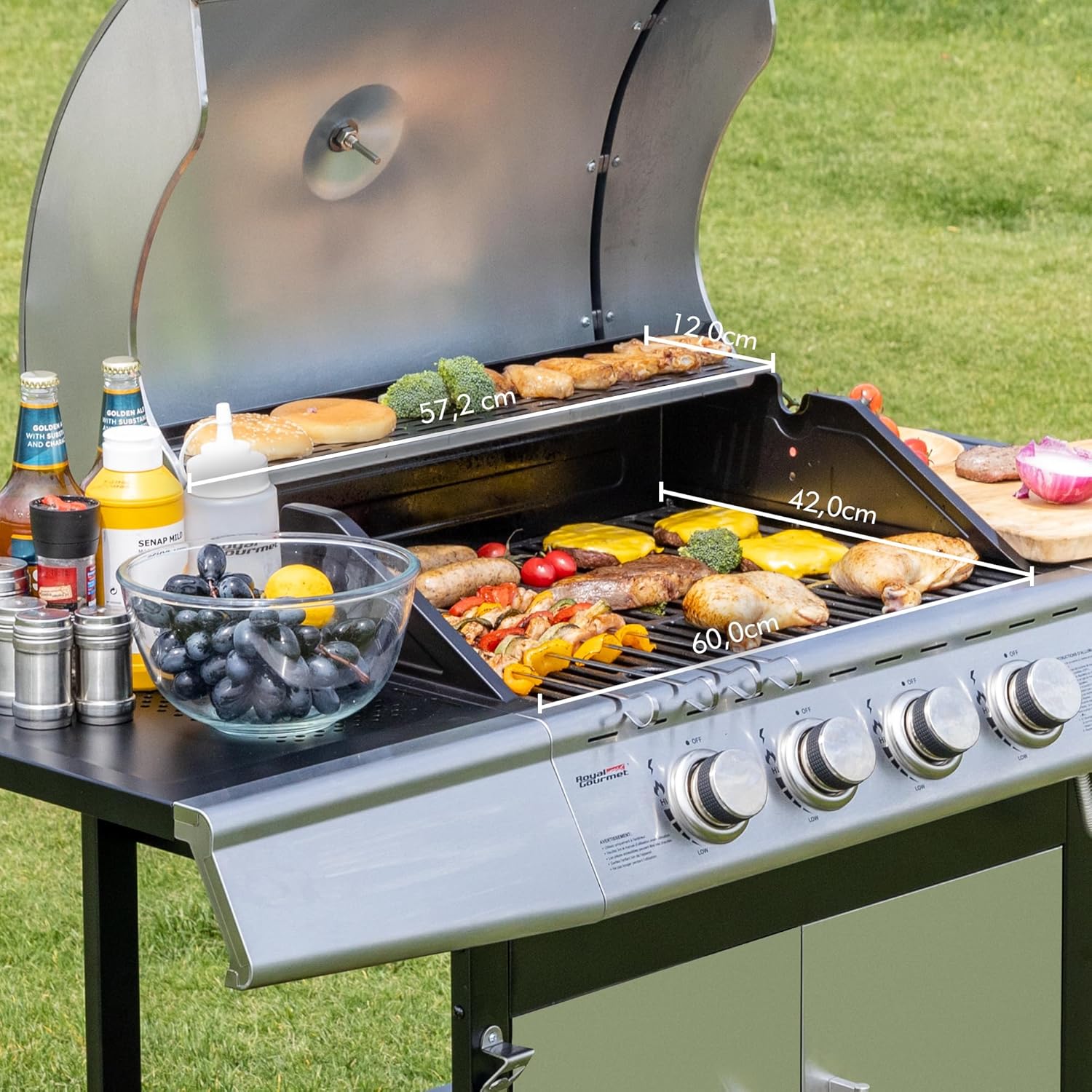 jardinito - Barbecue Gaz 4+1 brûleurs inox - 14,5kW - 2 portes, thermomètre, roues directionnelles