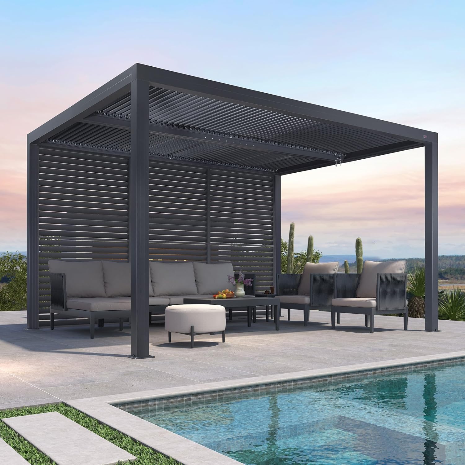 jardinito - Pergola bioclimatique 4x3,3m alu, lames orientables, gris