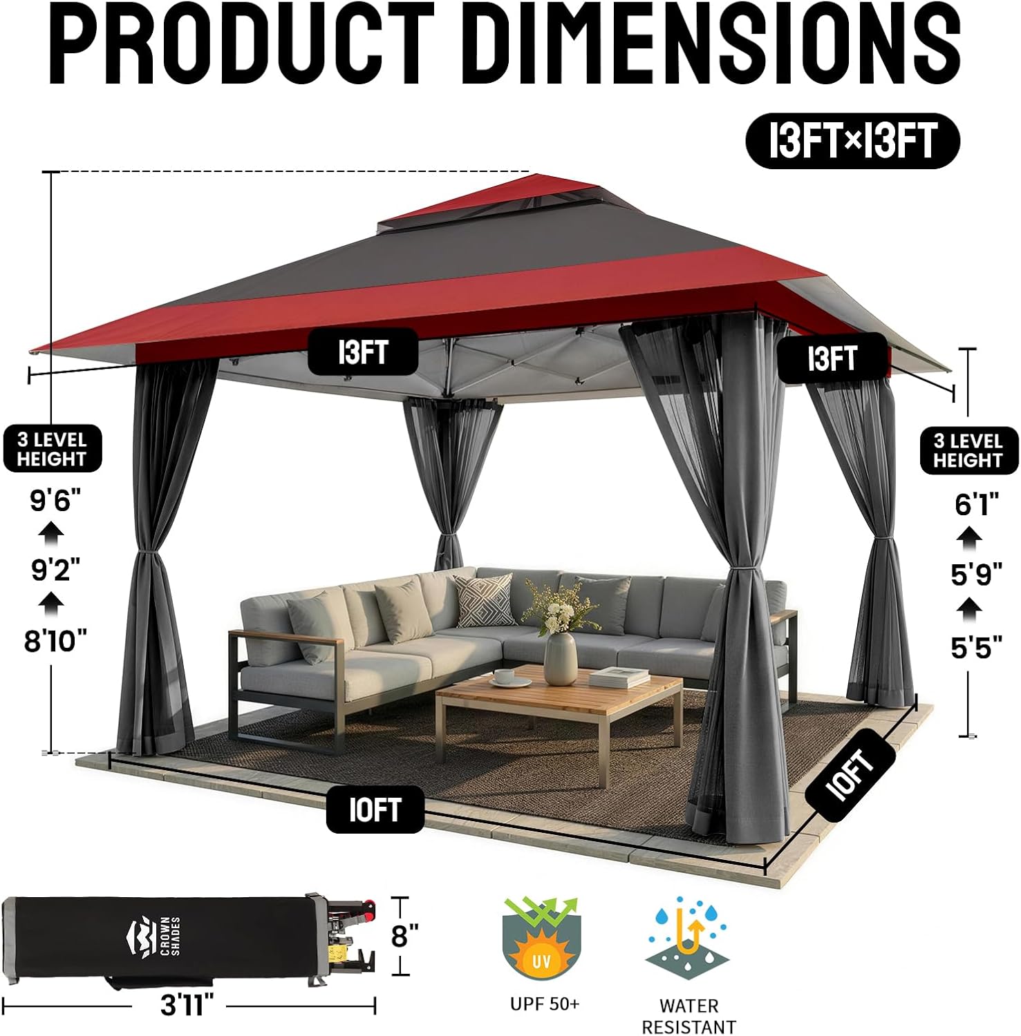 jardinito - tonnelle série pop up - 4x4m - imperméable, hauteur réglable, double toit, côtés zippés, sac transport
