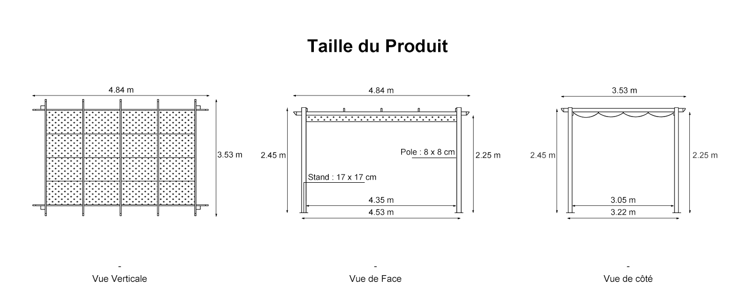 Dessin technique montrant trois vues des dimensions d'un produit. Les mesures sont fournies en centimètres pour la longueur, la largeur et la hauteur.