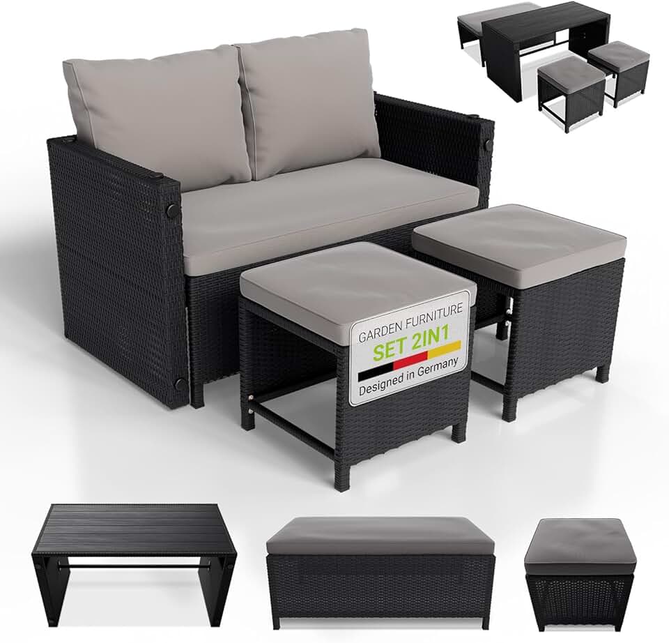 jardinito - Jamaika 2 en 1 - table, banc, 2 tabourets, coussins lavables, noir gris, jusqu'à 4 personnes