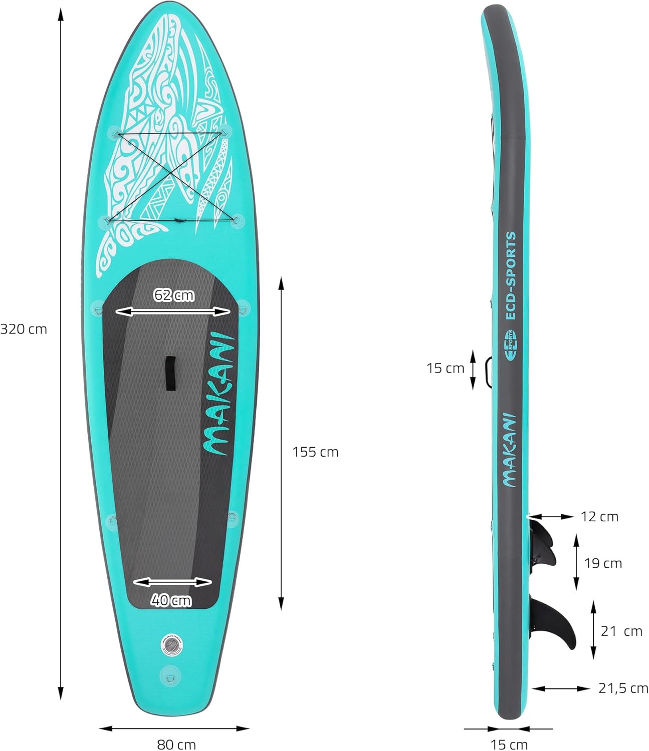 jardinito - Stand Up Paddle Board - 305/308/320/380 cm - PVC, jusqu’à 150 kg, 10/15 cm, sac, pompe