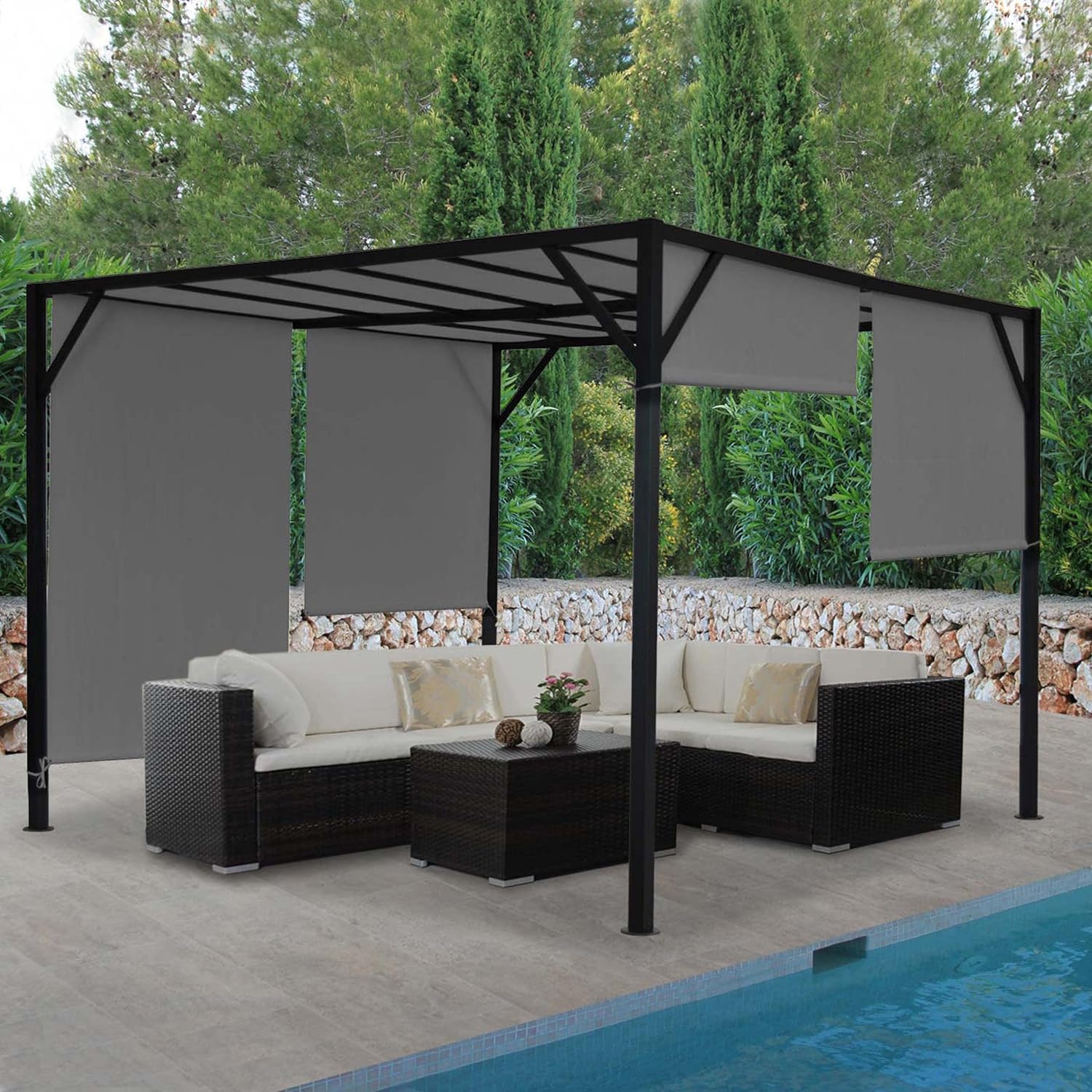 Pergola de jardin - structure acier stable - toit ouvrant gris 4x4m - 04_0004067