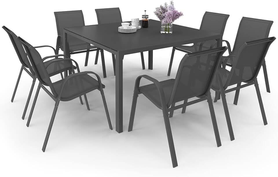 jardinito - Madrid salon de jardin carré 130 cm, 8 chaises empilables, gris anthracite