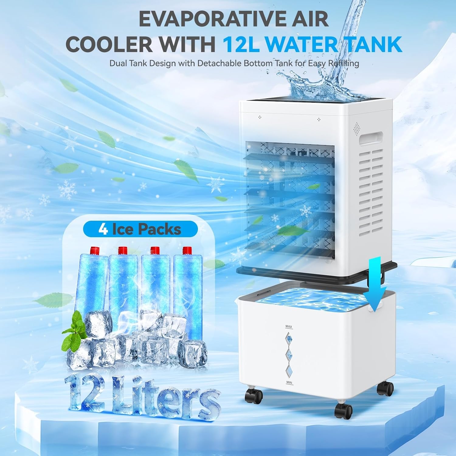 Climatiseur mobile - 12L, 6 vitesses, 3 modes, minuterie 24h, télécommande, 40 dB, portable