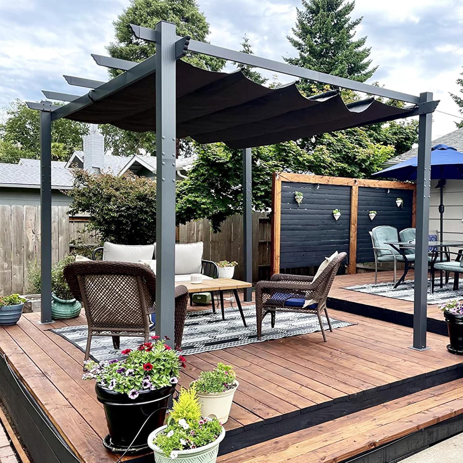 jardinito - Pergola aluminium, 3,65x3m, toile coulissante, gris