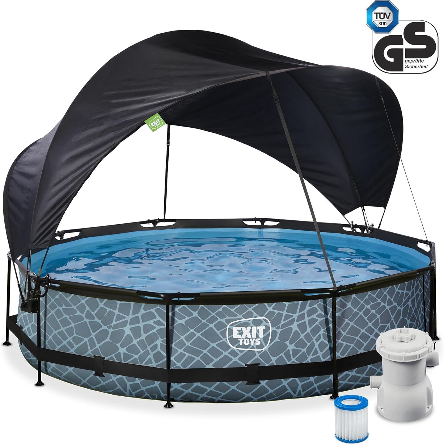 jardinito Piscine Stone avec Voile d'Ombrage - ø360x76cm - Piscine Hors Sol Ronde avec Pompe Filtrante à Cartouche - Protection Optimale Contre Les Rayons UV - Entrée Basse - Design Unique - Gris