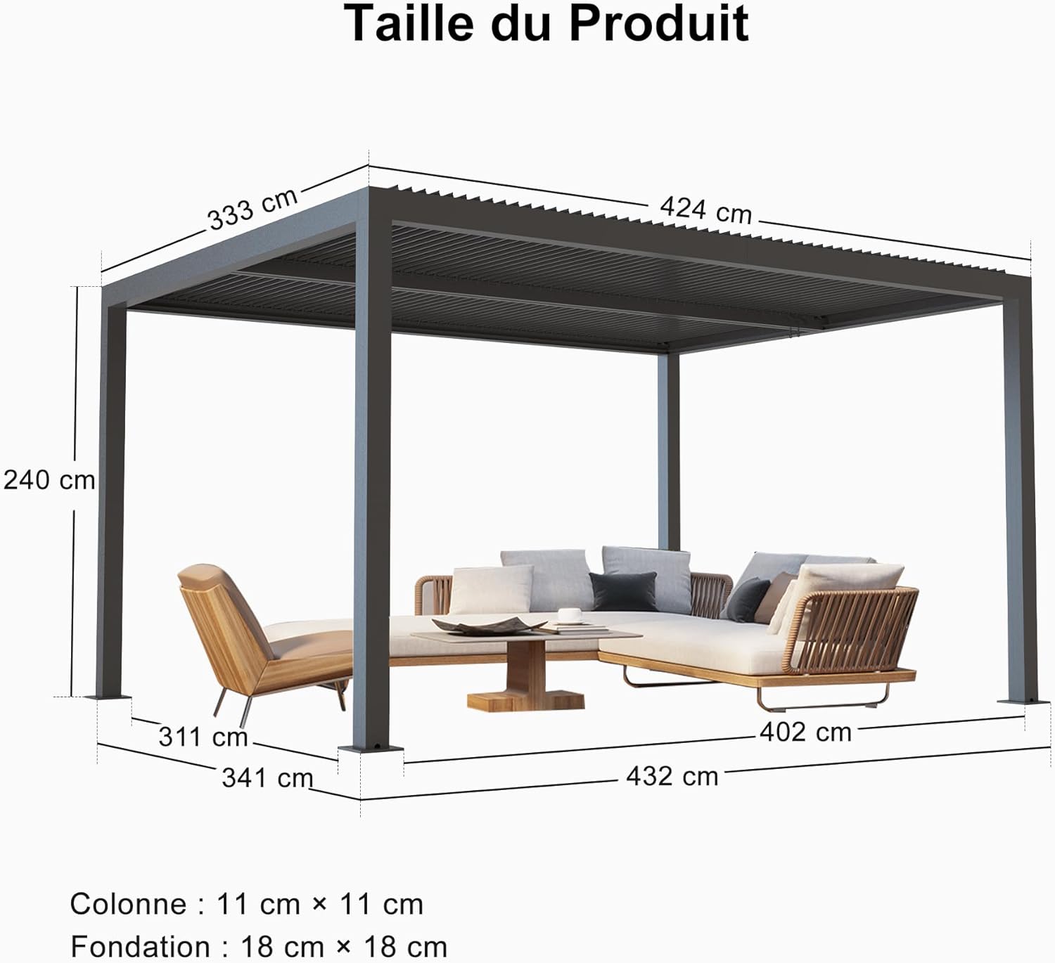 jardinito - Pergola Bioclimatique - 4,24 x 3,3 m - Aluminium, lames orientables, commande indépendante, gris
