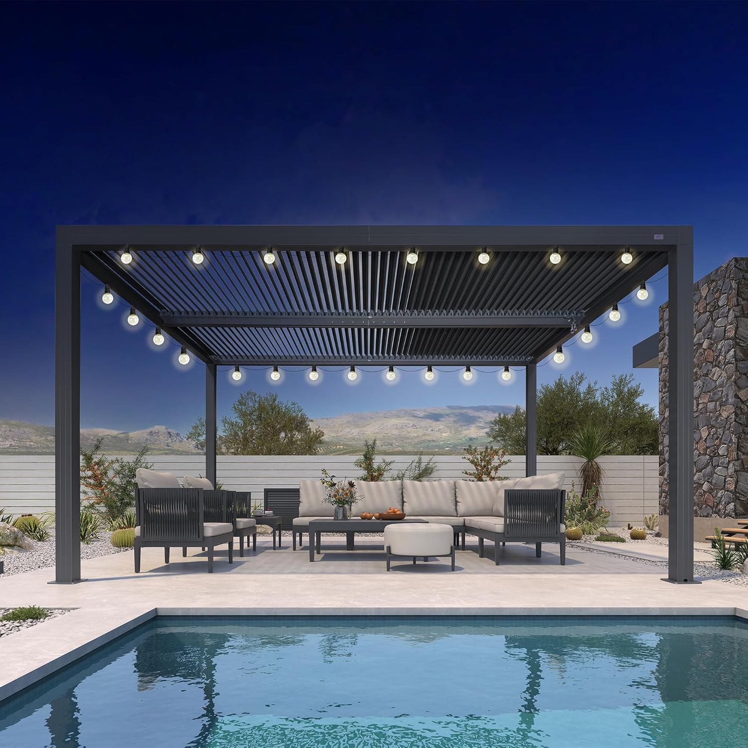 jardinito - Pergola bioclimatique série aluminium - 4,6x3,3 m - lames orientables, éclairage intégré