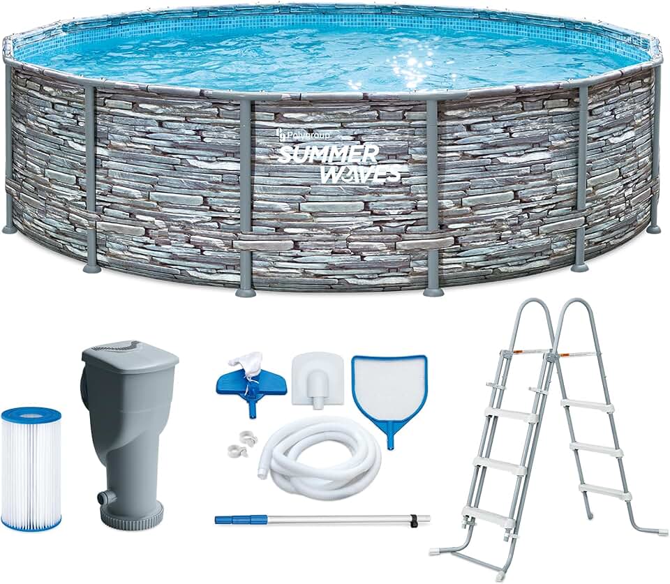 jardinito - Frame Pool Kit rond - 427x107 cm - aspect pierre grise, pompe à filtre