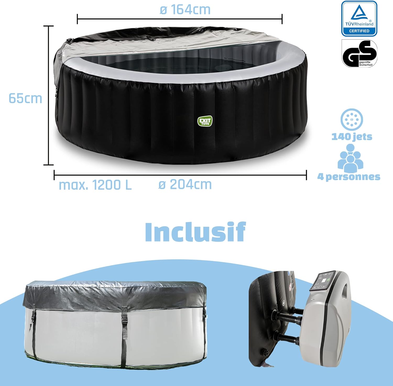 jardinito - Silver Classic Spa - 204x65cm - 4 places, chauffage, 140 jets d'air, filtration