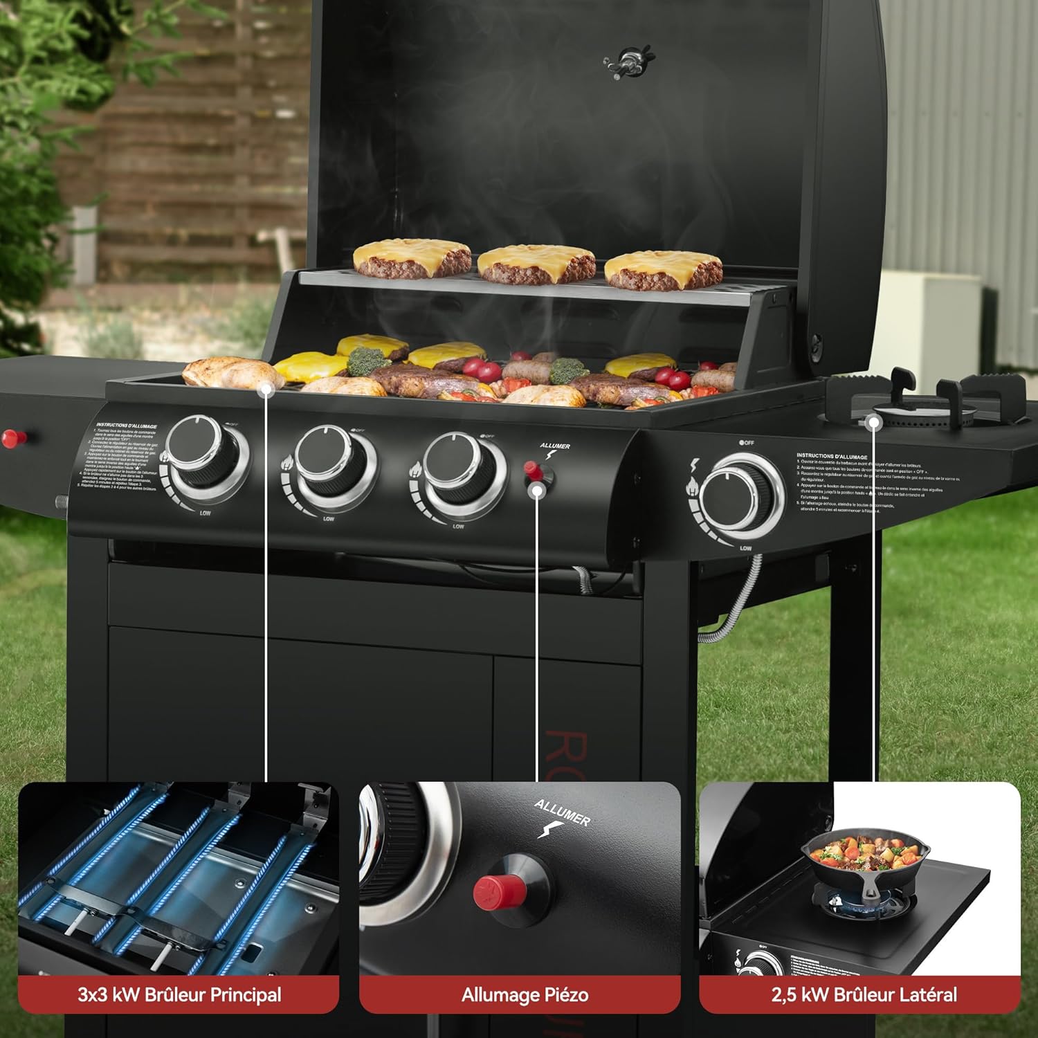 jardinito - barbecue gaz 3+1 brûleurs inox - 11,5 kW - chariot, 2 roues, thermomètre