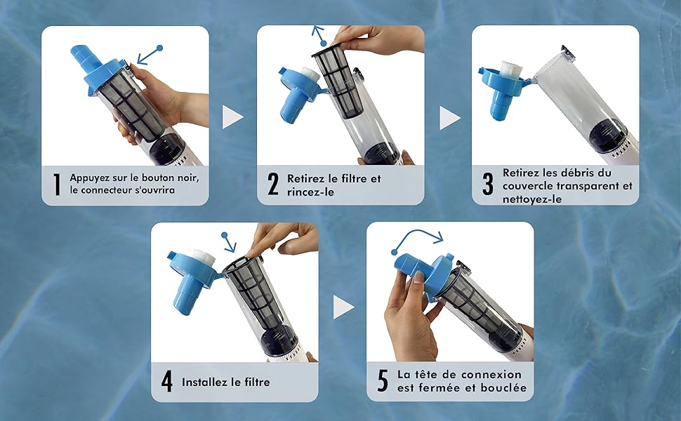 Guide d'instructions en cinq étapes pour l'assemblage et l'utilisation d'un filtre à eau portable bleu avec une chambre transparente cylindrique et une buse