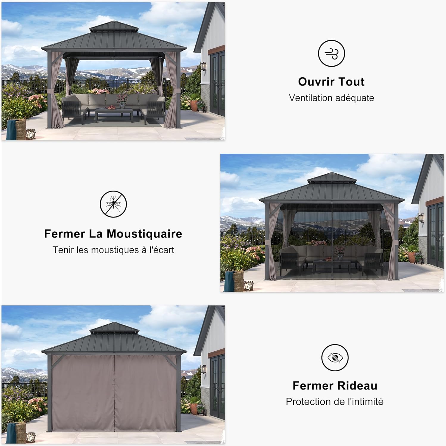 jardinito - Pavillon jardin double toit alu 3,65x3,65m, rideaux, moustiquaire