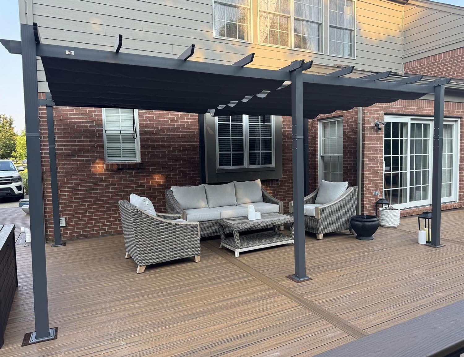 jardinito - Pergola Aluminium - 5,5 x 3,5 m - Toit coulissant, tissu teint en fil, gris