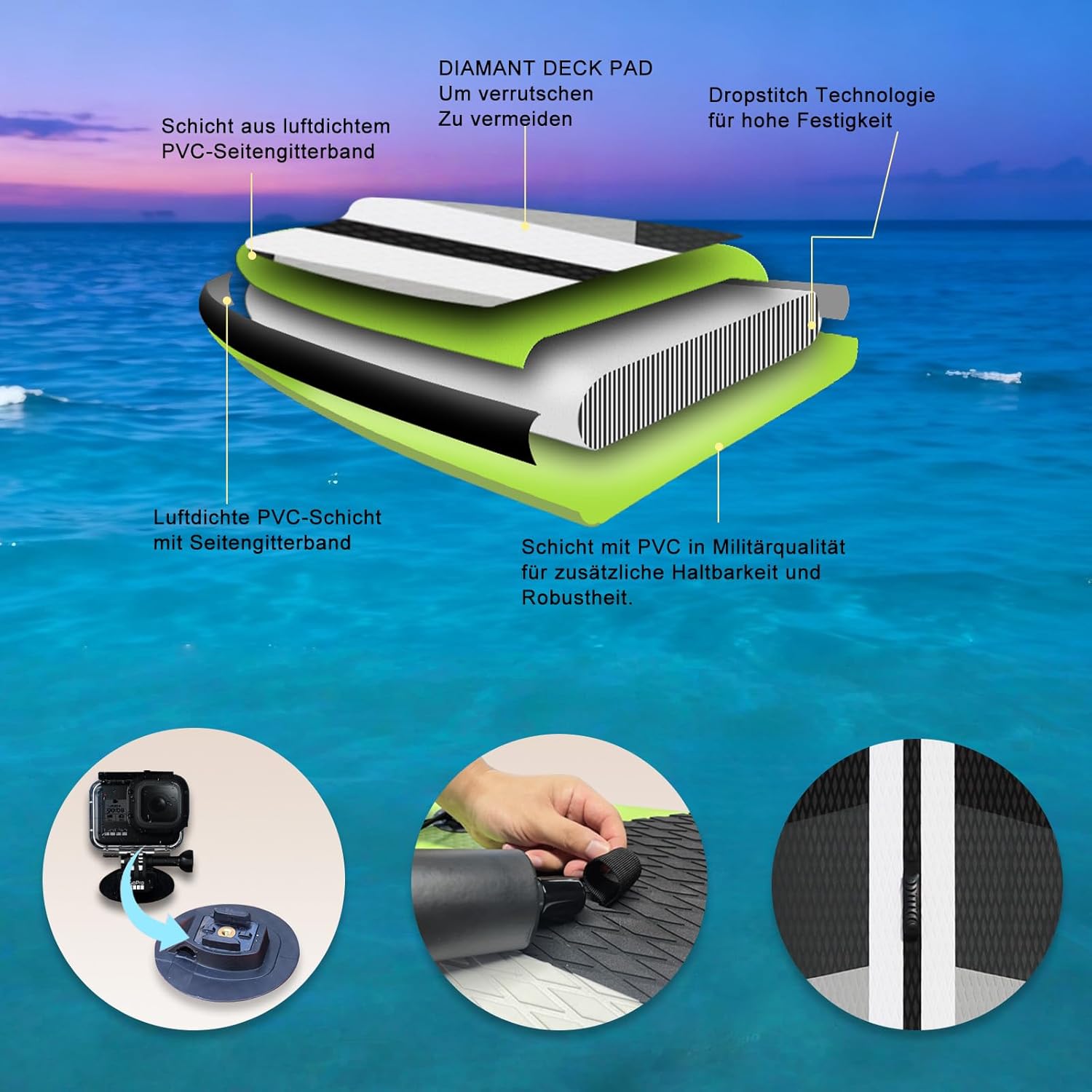 Planche de paddling SUP - siège kayak, 330x76x15cm, 150kg, coussinet, 3 ailerons, double pagaie, accessoires, SUP33015