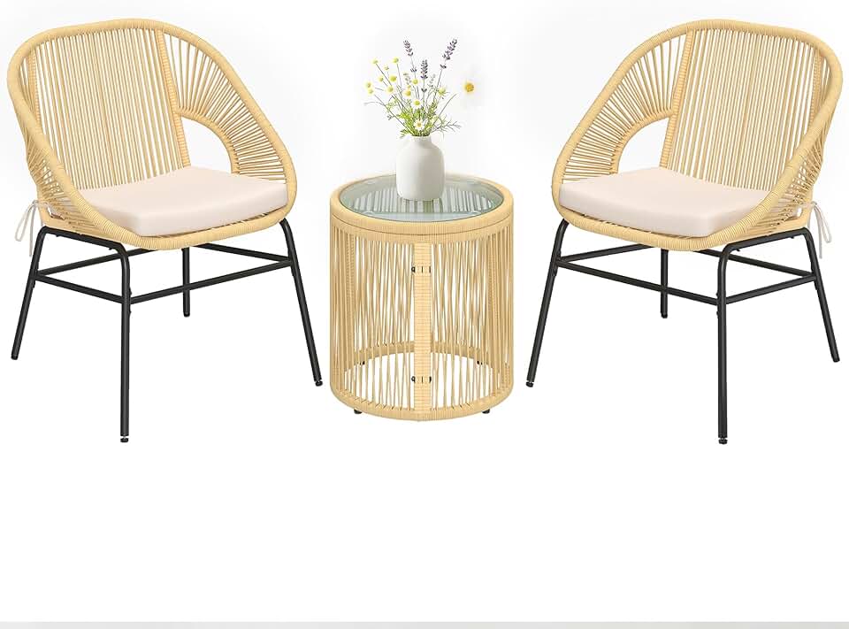 jardinito - ensemble bistro 3 pcs - fauteuils confort, table verre - coussins déhoussables, résine tressée, beige