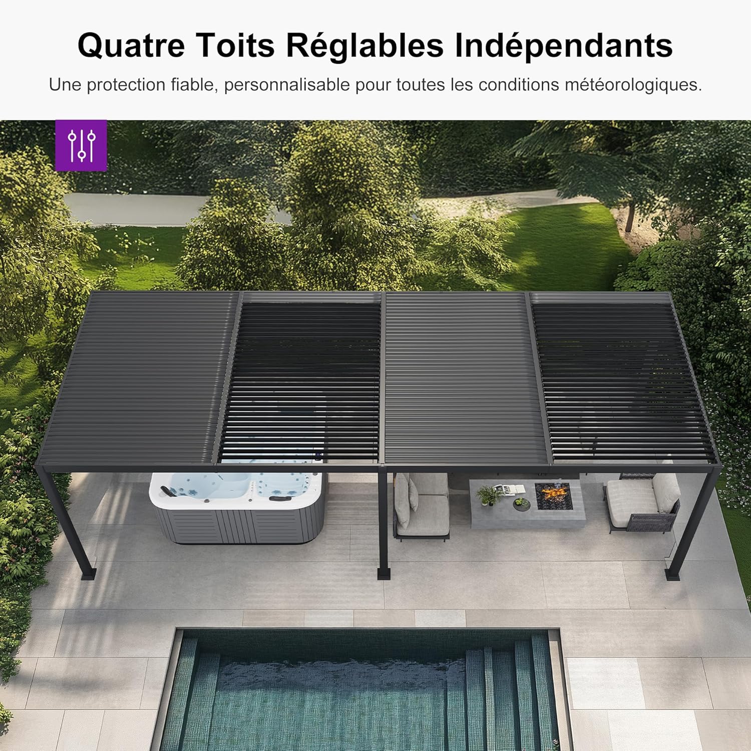 jardinito - Pergola bioclimatique série - 3,5x8,5m - aluminium, lames orientables, jardin, terrasse, gris