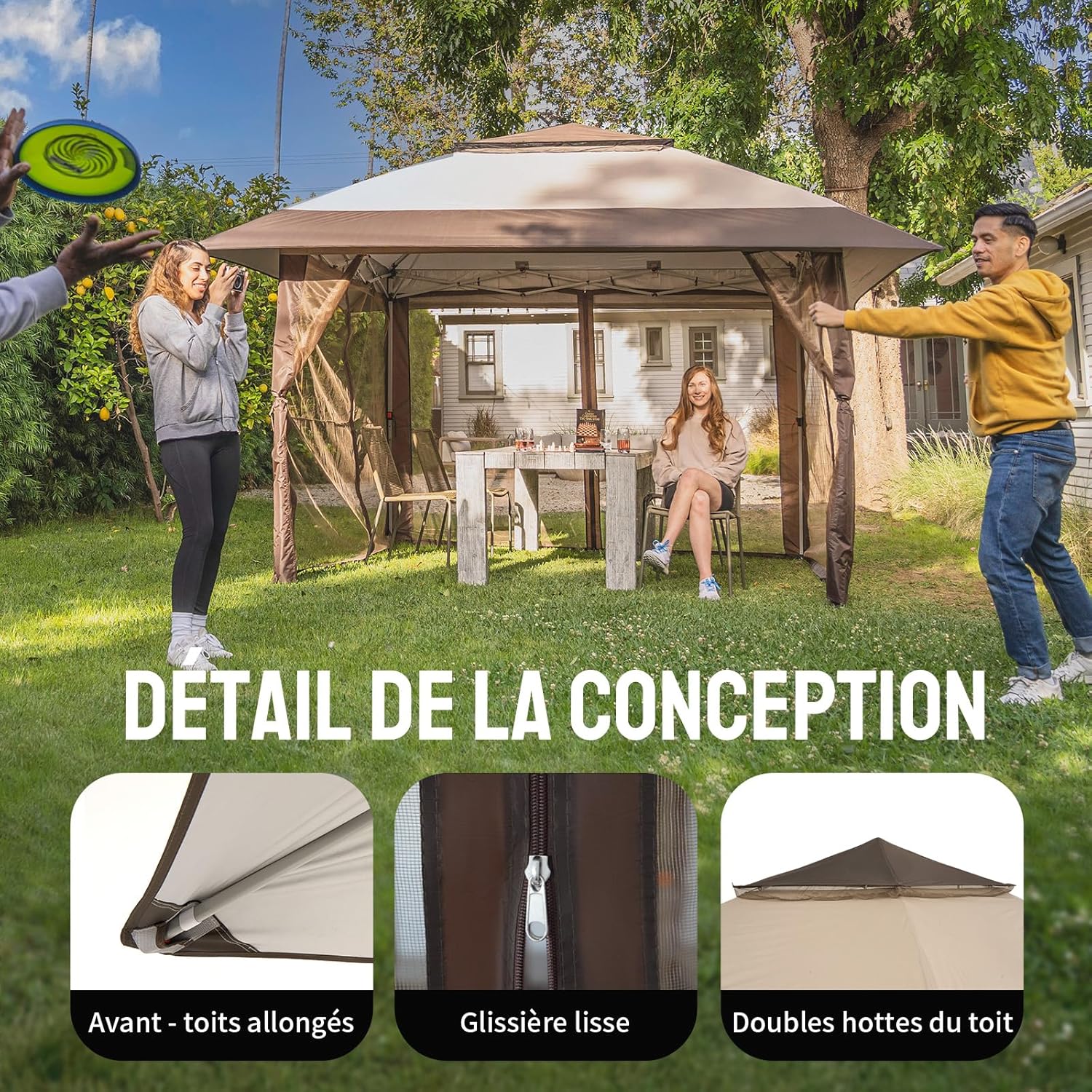 jardinito Tonnelle de Jardin 4 x 4 m, Pop Up Gezebo Exterieur Imperméable, Abri de Jardin Réglable en Hauteur, Double Toit avec Côtés en Maille Zippée, Sac de Transport, Beige