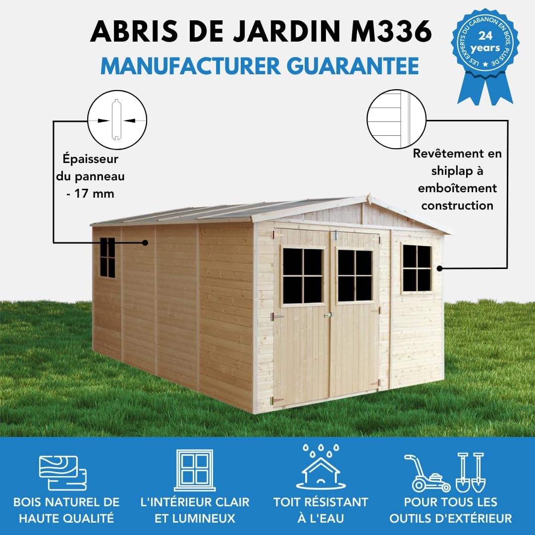 ABRI de Jardin en Bois Exterieur avec Les PLANCHERS IMPRÉGNÉ - en Pin/épicéa- H226x324x416 cm/12 m²- Construction de Panneaux- Rangement pour vélos, Remise à Outils- jardinito M336+M336G