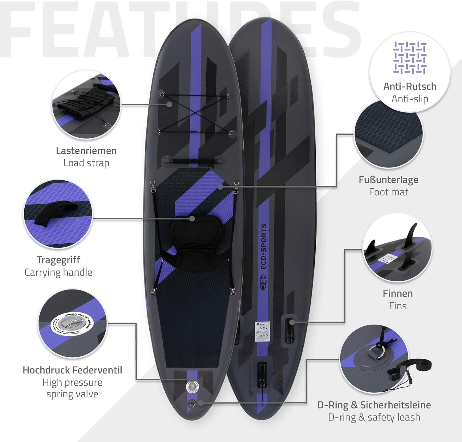 jardinito - Stand Up Paddle Gonflable - 305/308/320/380 cm - PVC, 120/150 kg, 10/15 cm