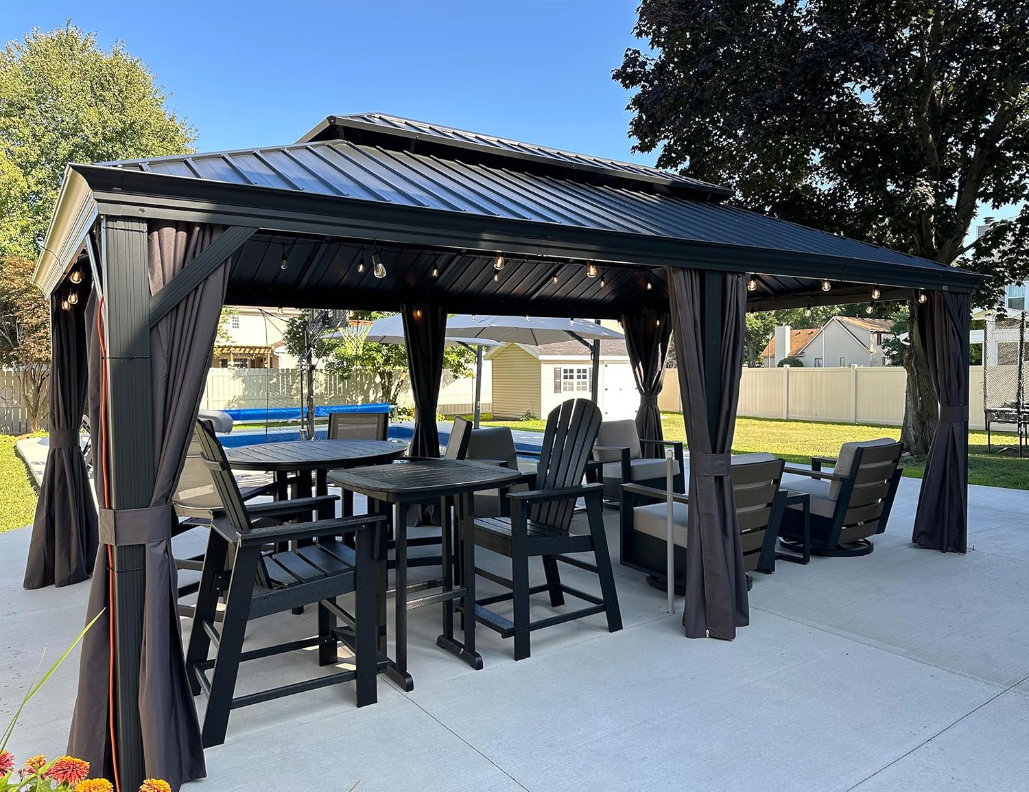 jardinito - tonnelle aluminium - 6x3,65m - LED, rideaux, gouttière, gris