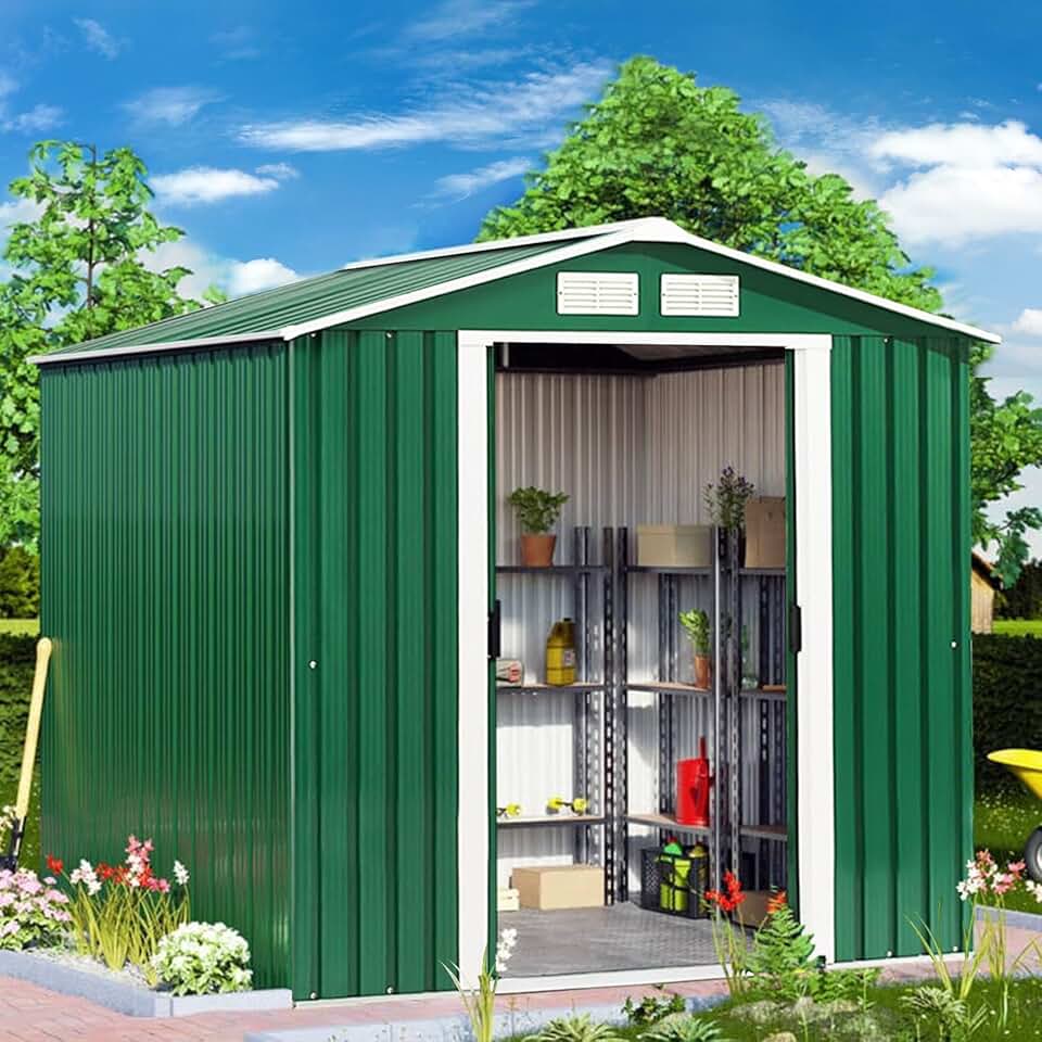 jardinito Abri de Jardin Métal Extérieur 2.7㎡ Acier Galvanisé avec Fondation, Toit Penché, 4 Persiennes, Double Porte Coulissante, Cabane Jardin Exterieur avec Rampe, pour Vélo, Poubelle, 213x127x185CM