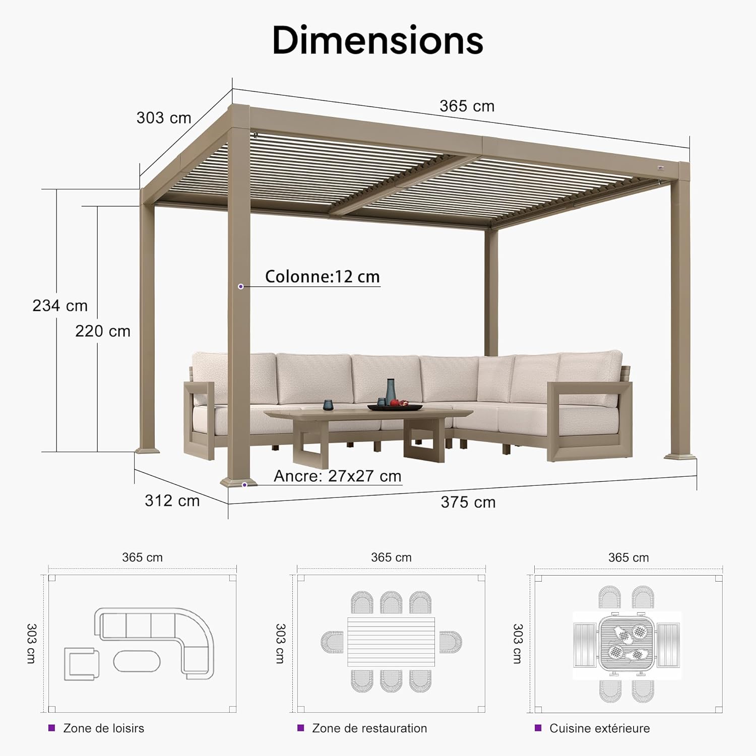 jardinito - Pergola bioclimatique - 3x3,65m - LED, alu, lames orientables, étanche, anti-UV