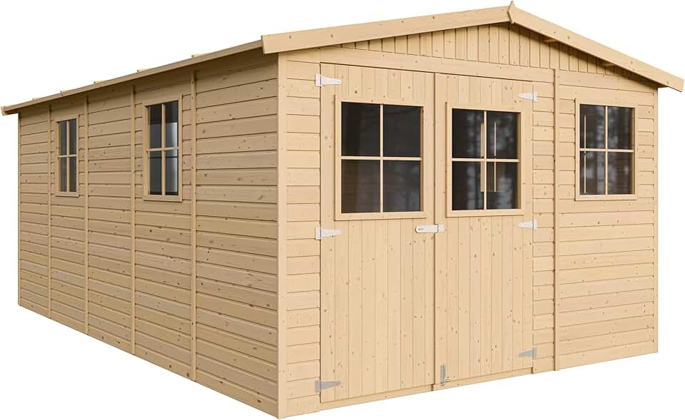 Abri de Jardin en Bois Naturel - Stockage extérieur avec fenêtres- H226x324x516 cm/15 m² Hangar en Bois Naturel - Atelier Rangement Outils et vélos- jardinito M337
