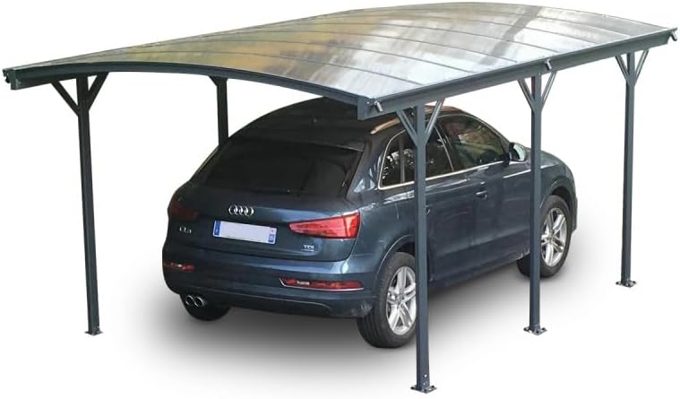 Abri de jardin - Carport autoportant - aluminium/polycarbonate - 17,28m² - anti-UV, gris, gouttières