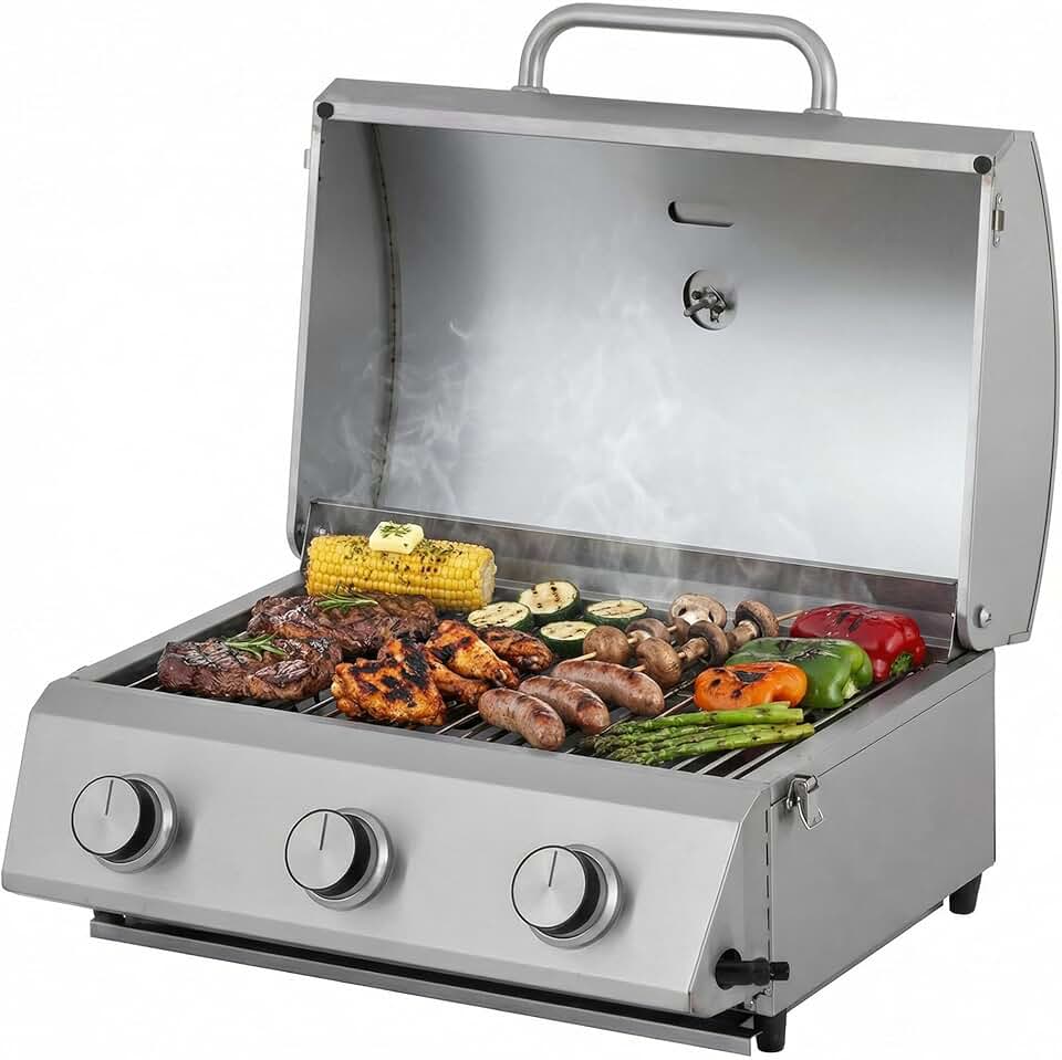 jardinito - Barbecue à gaz portable - inox - 3 brûleurs, thermomètre, allumage piézo - CATHAN
