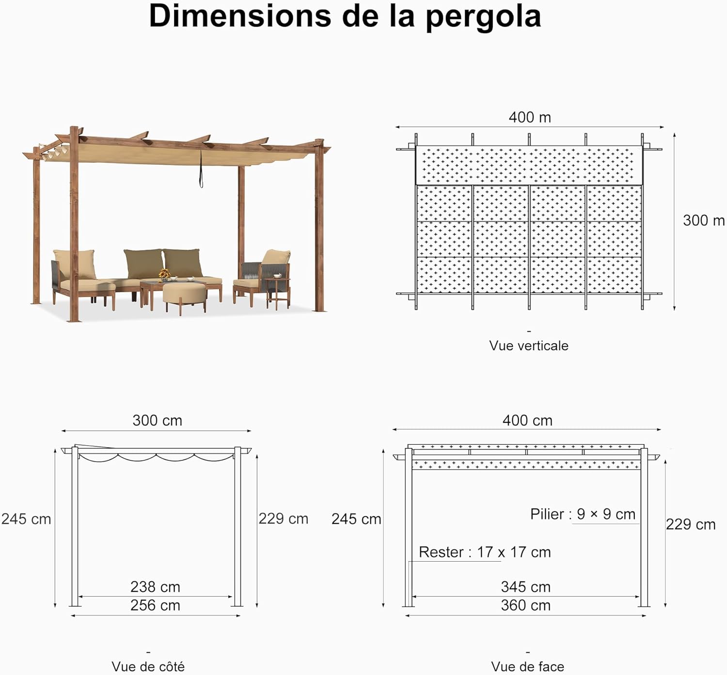 jardinito - Pergola alu finition teck 4x3m - toile rétractable, rideau, kaki