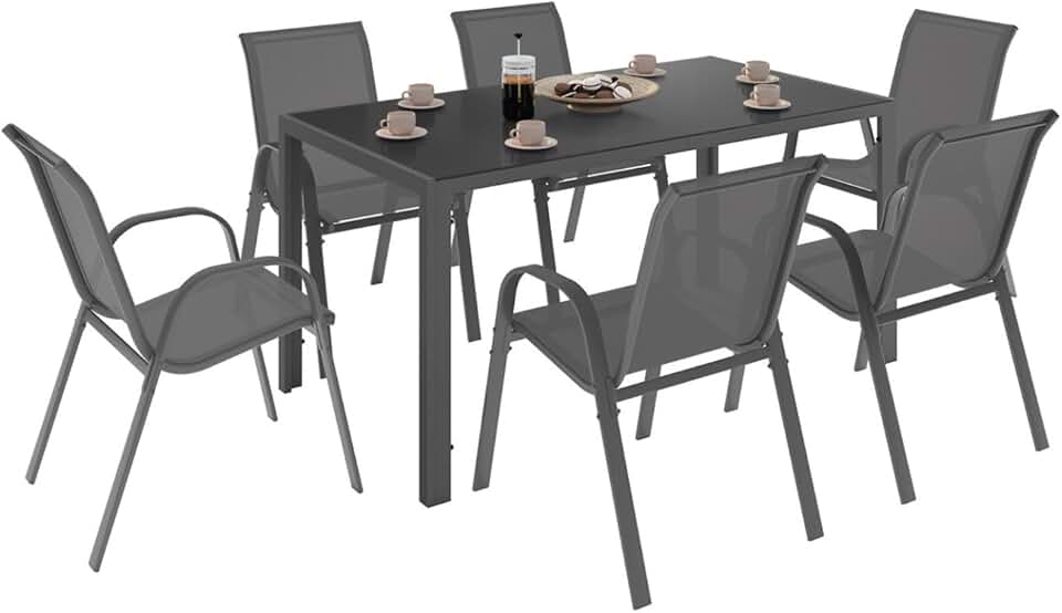 jardinito - Salon de jardin Madrid 150cm, 6 chaises empilables gris