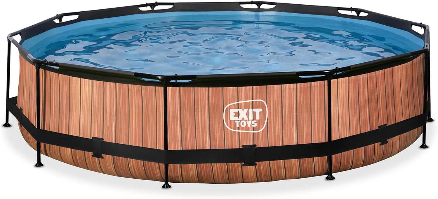 jardinito Piscine Tubulaire Wood - ø360x76cm - Piscine Hors Sol Ronde Grande avec Pompe Filtrante à Cartouche - Entrée Basse - Idéal pour Les Jeunes Enfants - Cadre Stable - Design Unique - Marron