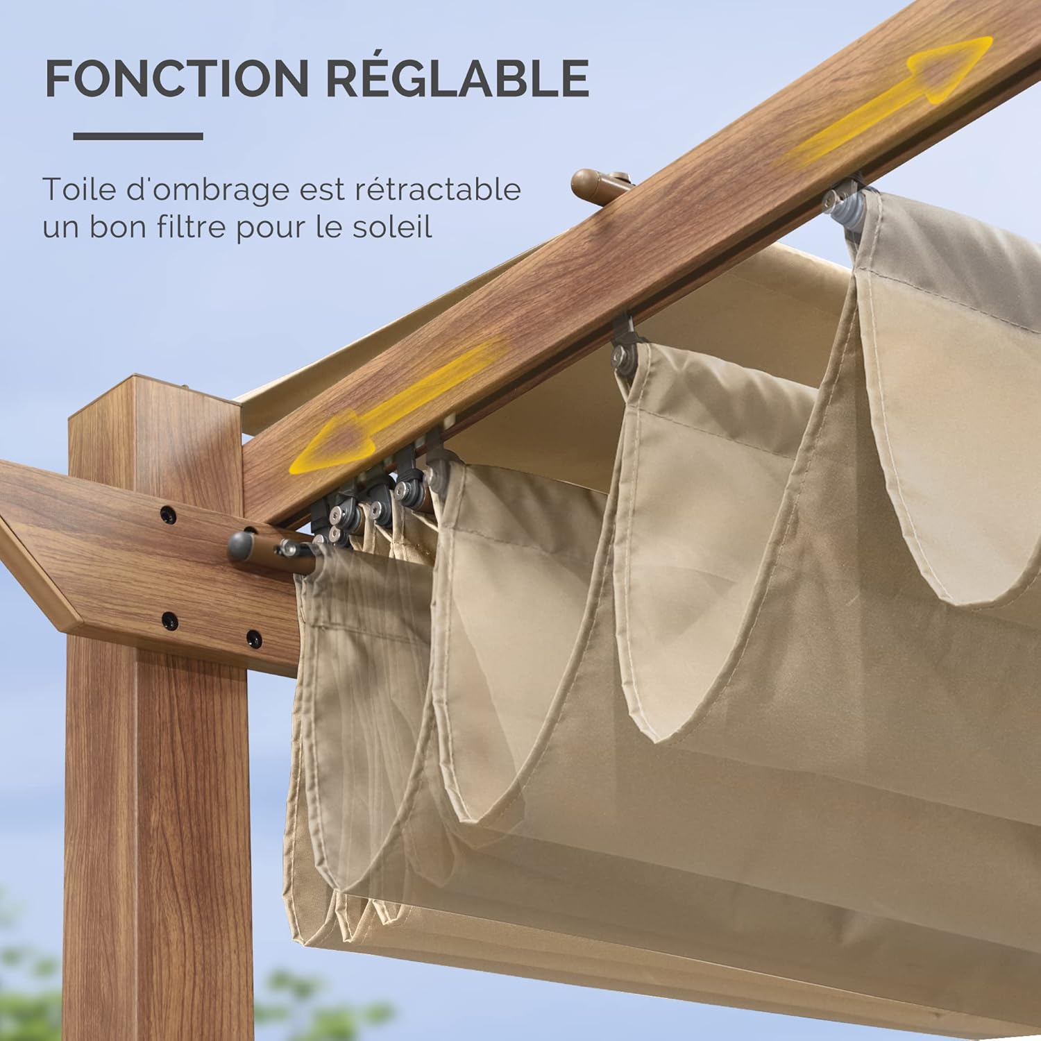 jardinito - Pergola aluminium 4x3m, toit rétractable, éclairage intégré, finition teck, kaki