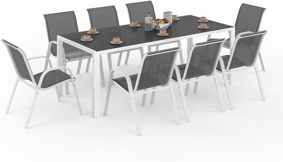 jardinito - Salon Madrid - table 190 cm + 8 chaises empilables blanc/gris