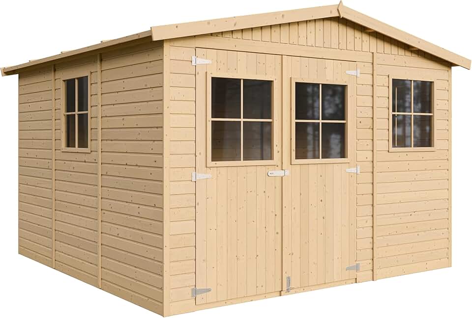 Abri de Jardin en Bois Naturel - Stockage extérieur avec fenêtres- H226x316x324 cm/9 m² Hangar en Bois Naturel - Atelier Rangement Outils et vélos- jardinito M335